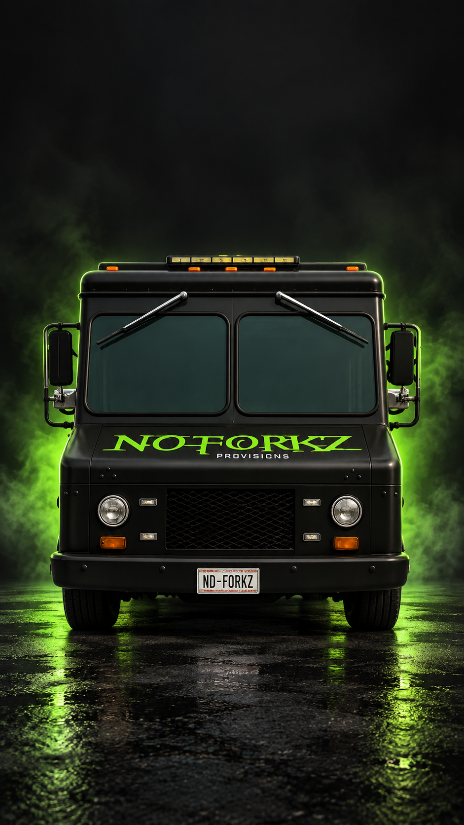 NO FORKZ food truck lit in green against a dark background